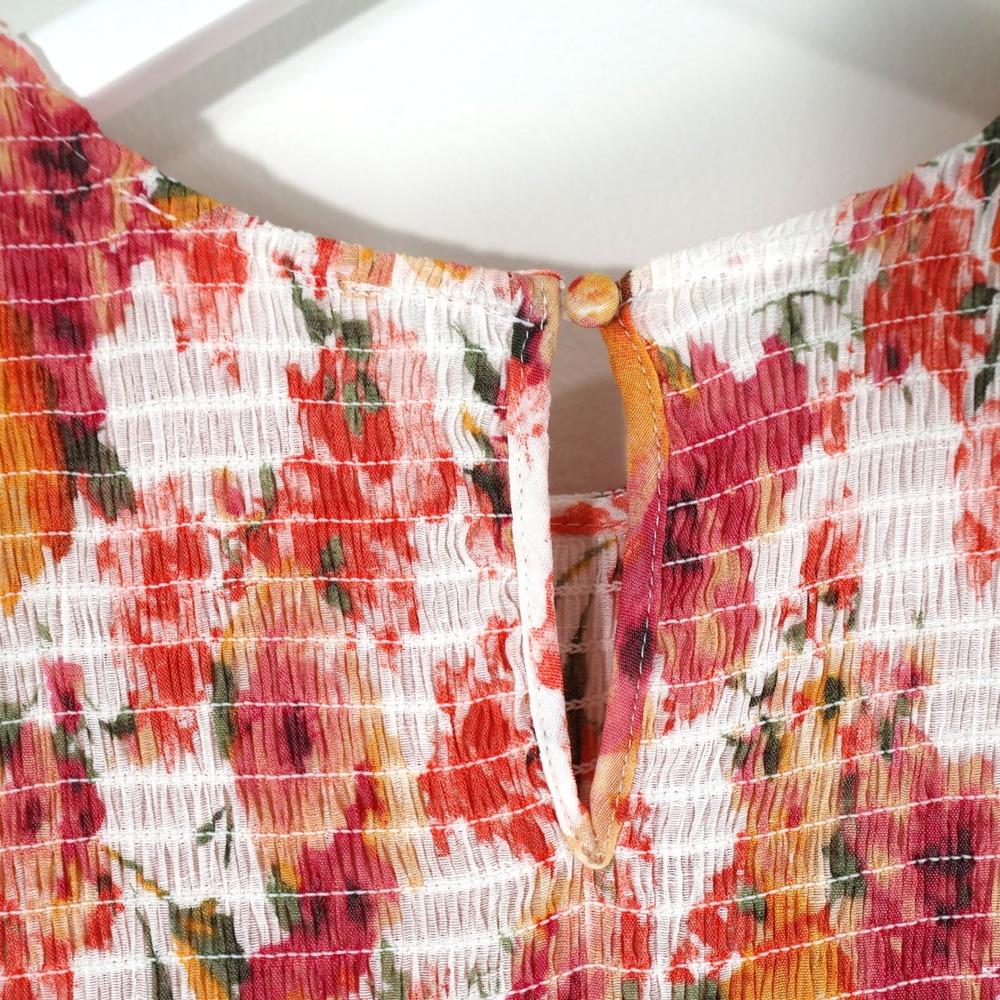 Blu Pepper Floral Smocked Maxi Dress Pink Orange Tiered Ruffle Cap Sleeve Large - Picture 8 of 9